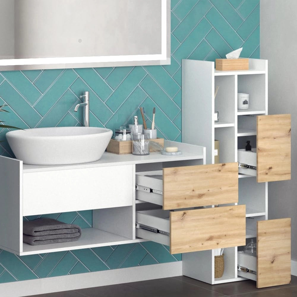 Set di mobili da bagno Alf, Bianco, 105 cm, composto da mobile sottolavabo, specchiera e colonna alta