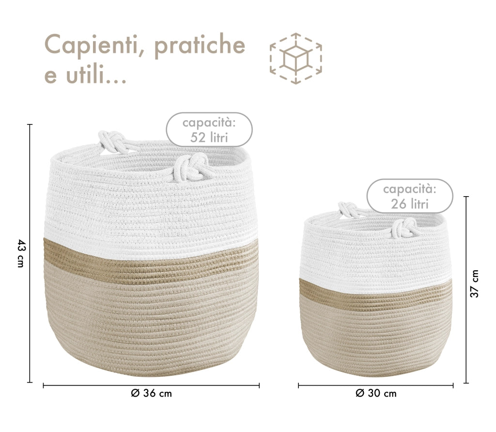 Set 2 Ceste Intrecciate In Corda Cesto Portabiancheria LItri  Pieghevole Cestino Grande XXL Con Manici Per Giochi Coperte Portaoggetti Organizer Contenitore Cameretta Bimbi  - Naturale