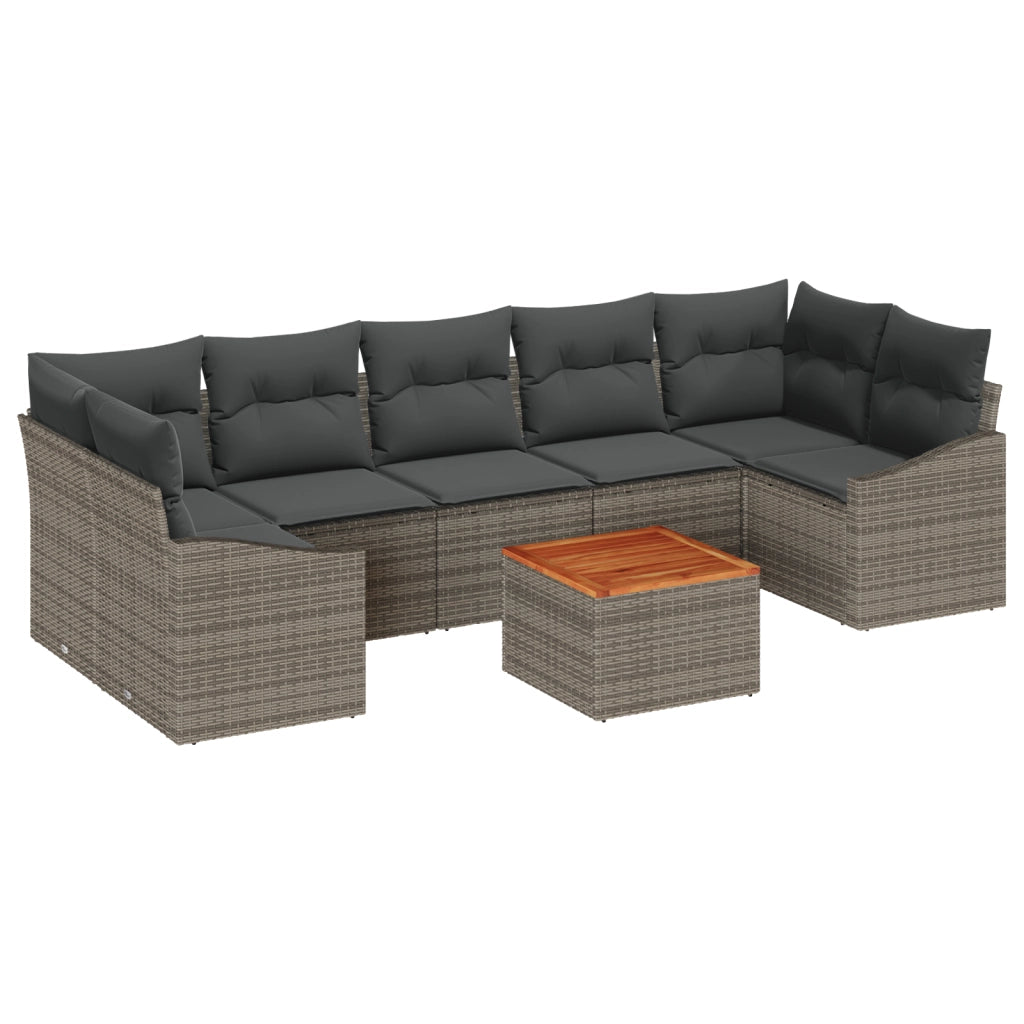 Set di divano da giardino 8 pezzi con cuscini grigio in polyrattan e acacia