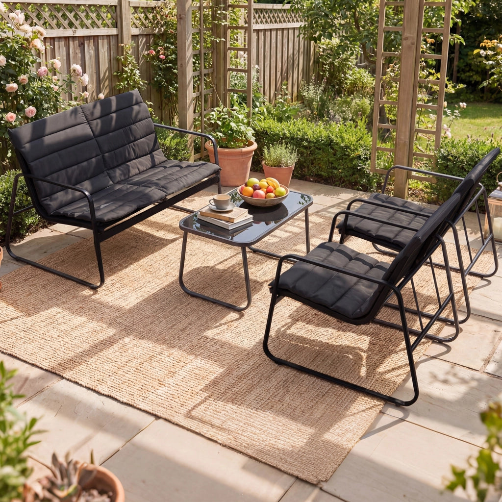 Mobili esterno 4 pz salotto patio cuscini morbidi tavolino vetro temperato-Mobili sedie giardino veranda balcone cortile
