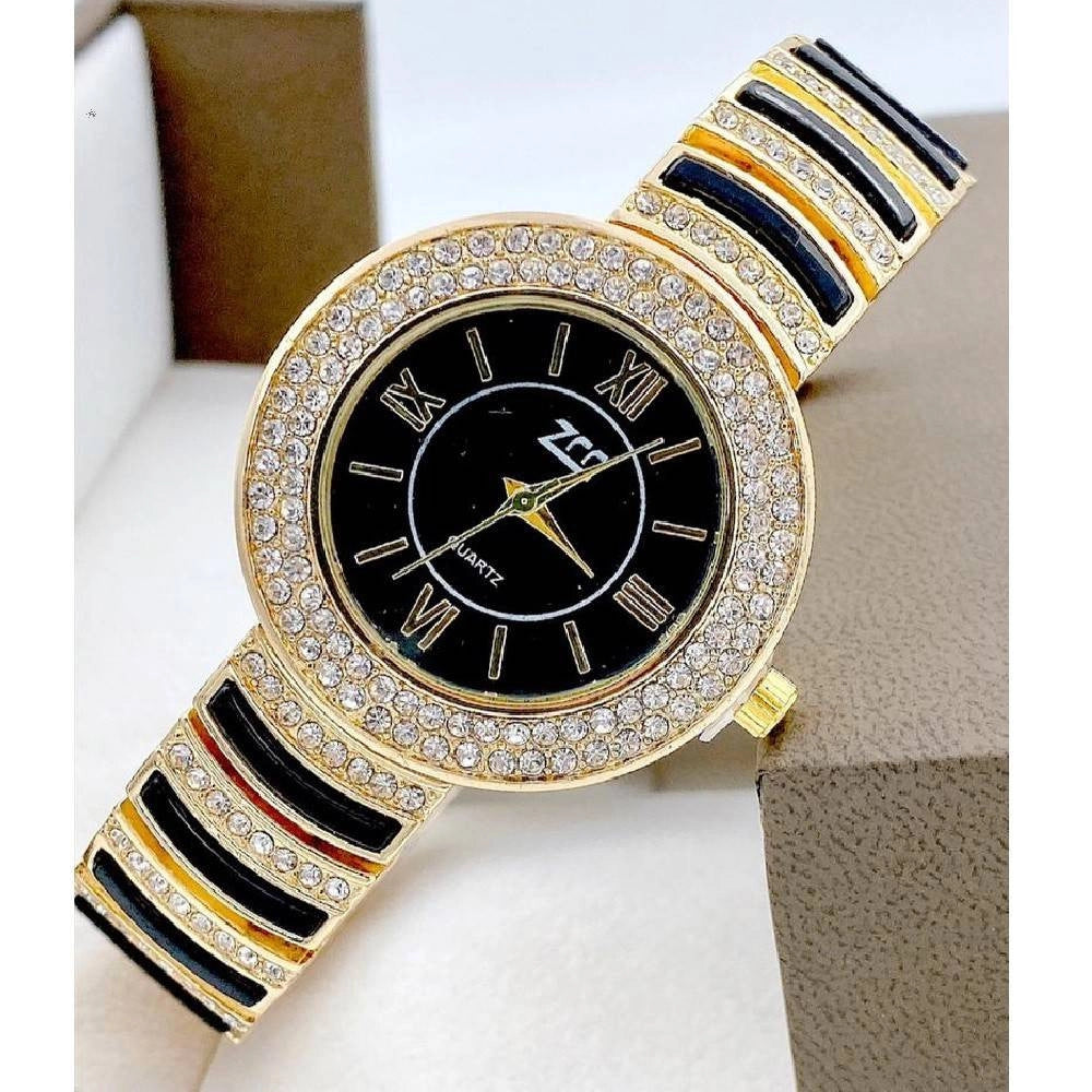 Trade Shop - Orologio Polso Zcc Donna Quarzo Acciaio Analogico Moda Brillantini Dorato Nero -