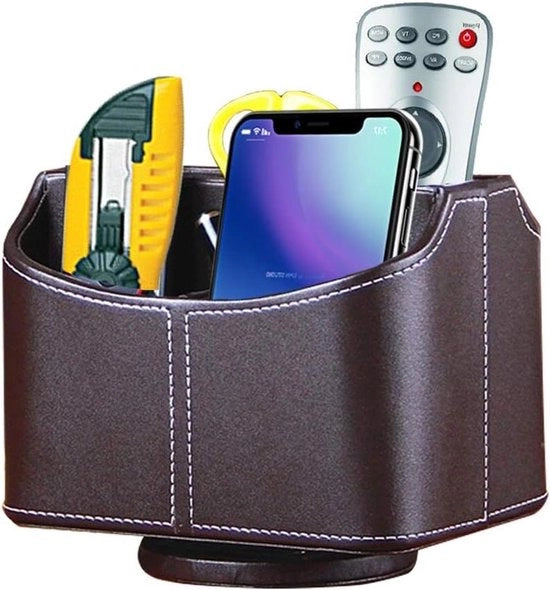 Organizzatore per telecomandi - Portaoggetti in PU pelle 360 gradi girevole - Cassetto per ufficio e TV - 5 contenitori per la zona living e ufficio - Nero