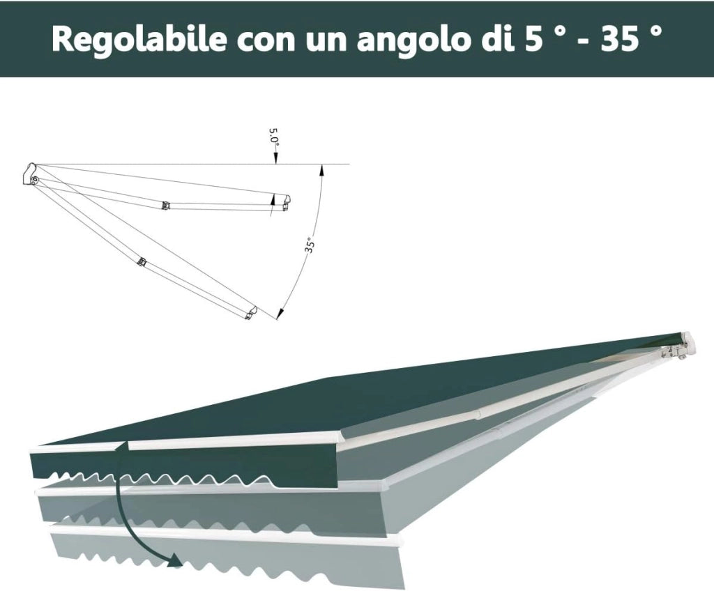 Tenda da Sole per Esterno, Tenda da Sole a Bracci Estensibili con Telaio in Alluminio, Tettuccio Resistente al Sole e Impermeabile e Manovella (4 x 2,5 M, Verde)