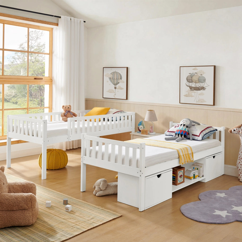 Letto bambini in legno di pino 90x200; scomponibile in 2 letti; sponde; cassetti; scala; bianco