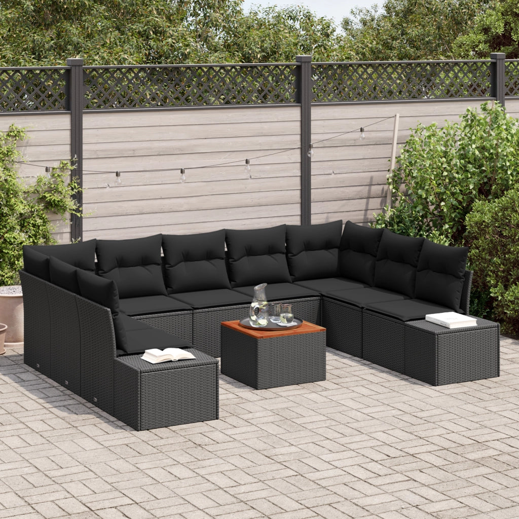 Set di Divani da Giardino da 10 Pezzi con Cuscini in Polyrattan Nero e Acacia