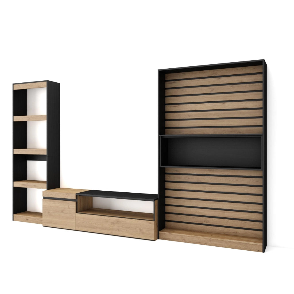 Mobile TV, Soggiorno, 320x35x186cm, Set di mobili, colore Rovere e nero RF2591