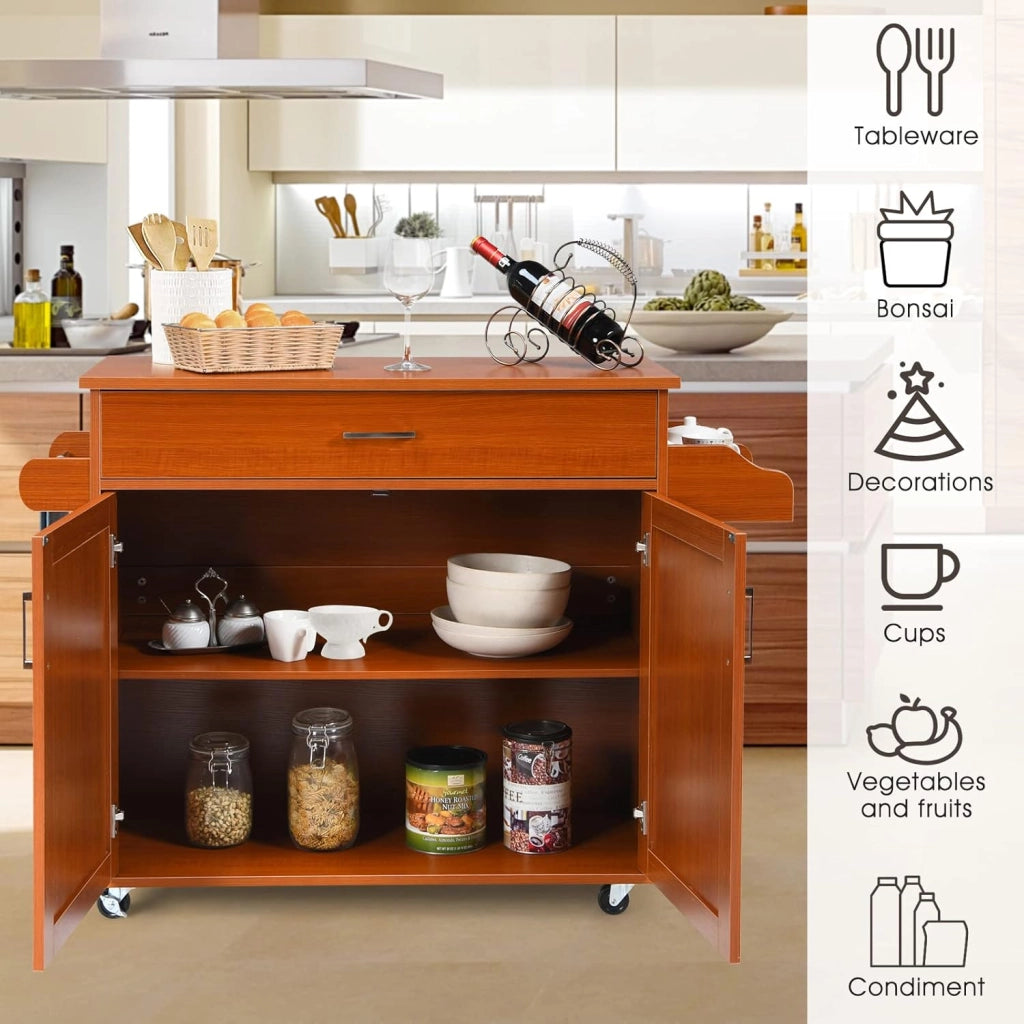 Carrello da Cucina, Credenza Mobile con Cassetto, Anta Doppia, Portaspezie e Portasciugamano, Ripiani Regolabili, Ruote con Freni, Portata di 50 kg, 116x40x85 cm, 4 Colori (marrone)