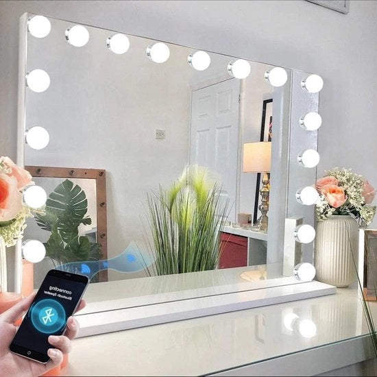 Specchio per Trucco con Illuminazione - 80 x 60 cm - Senza Bordo - 18 Lampade LED - Bianco