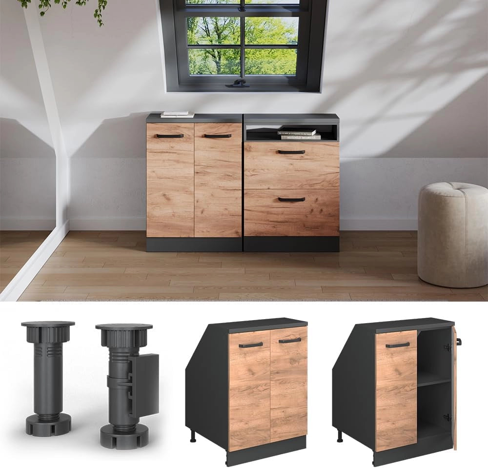 Mobile sottotetto Rion, Quercia dorata, 60 x 81.6 cm con 2 porte, carcassa 60 cm profondità, adatto per il salvaspazio sotto tetti spioventi