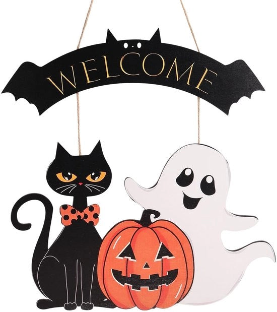 Bord di Benvenuto per Halloween - Tavolo di Accoglienza in Legno - Spaventapasseri/Zucca Nera - Decorazione per Feste all'Aperto - Decorazione per Muri - 1 pezzo