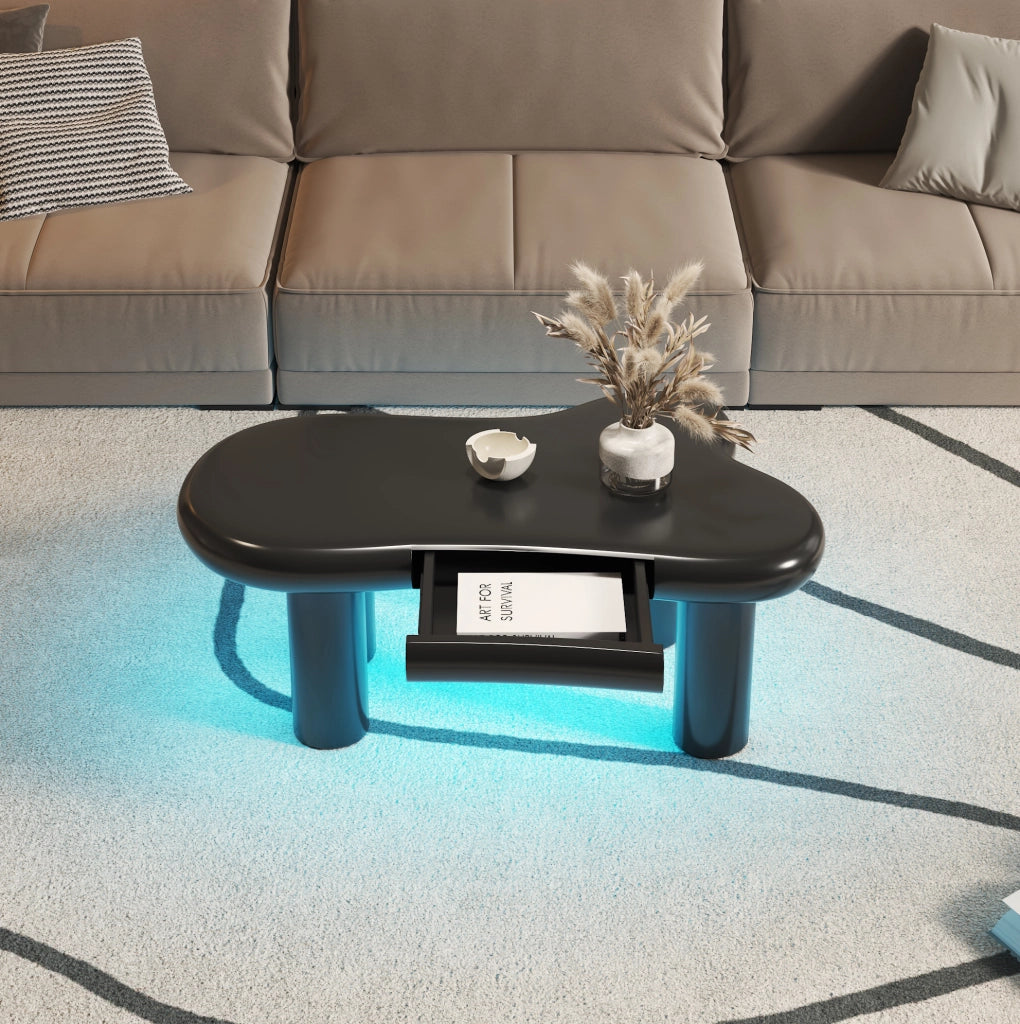 Tavolino da caffè a forma di nuvola con LED a 16 colori e cassetto; 98 x 65;5 x 40 cm; nero in MDF