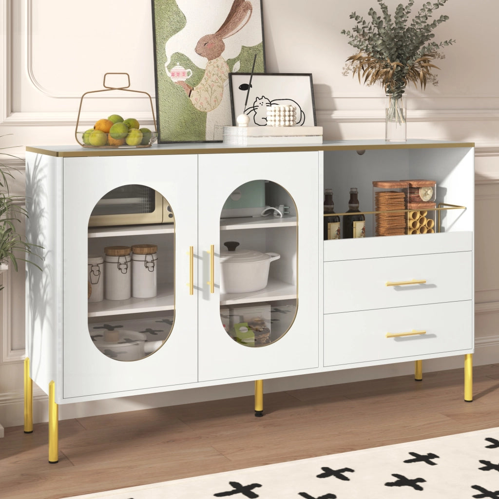 OKWISH Credenza Moderna con 2 Cassetti e 2 Ante in Vetro, Passacavi, per Soggiorno o Sala da Pranzo, MDF, 140 x 38 x 90 cm