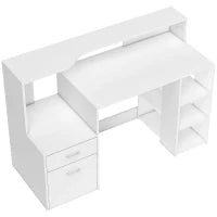 Scrivania con 2 cassetti, scaffali aperti e mensola per stampante, 137x55x92 cm, Bianco
