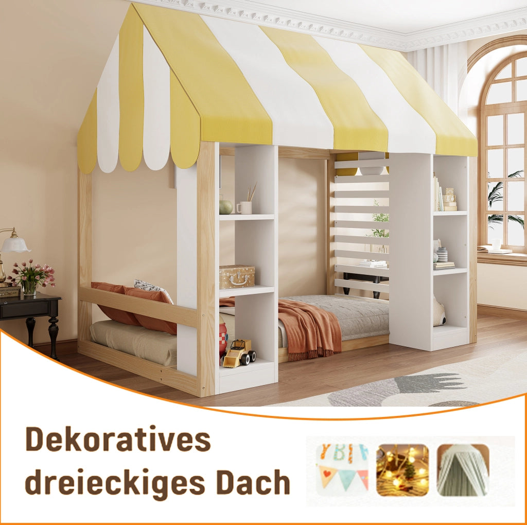 Letto per bambini in stile cottage 90x200 cm con baldacchino e vano contenitore; bianco e naturale