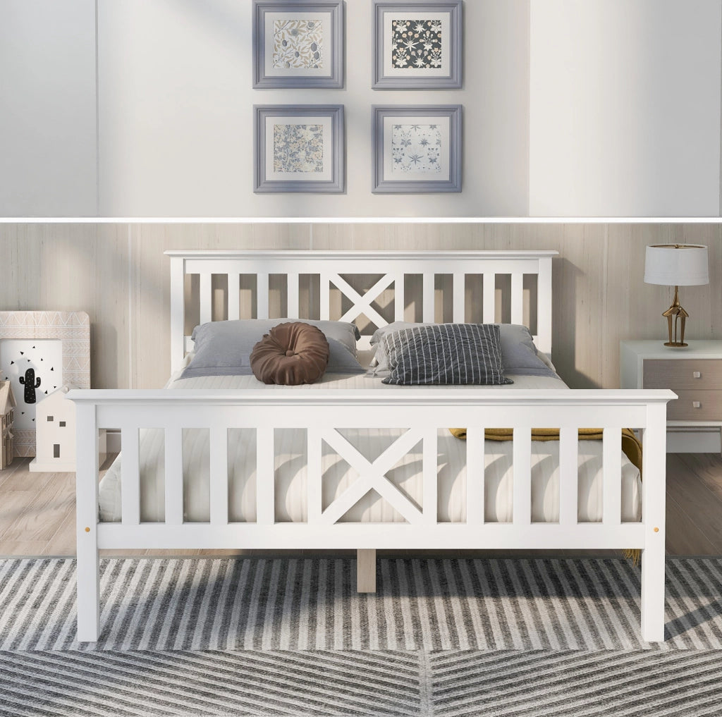 Letto matrimoniale 140x200 cm con testiera a X e doghe incluse; in legno massello bianco