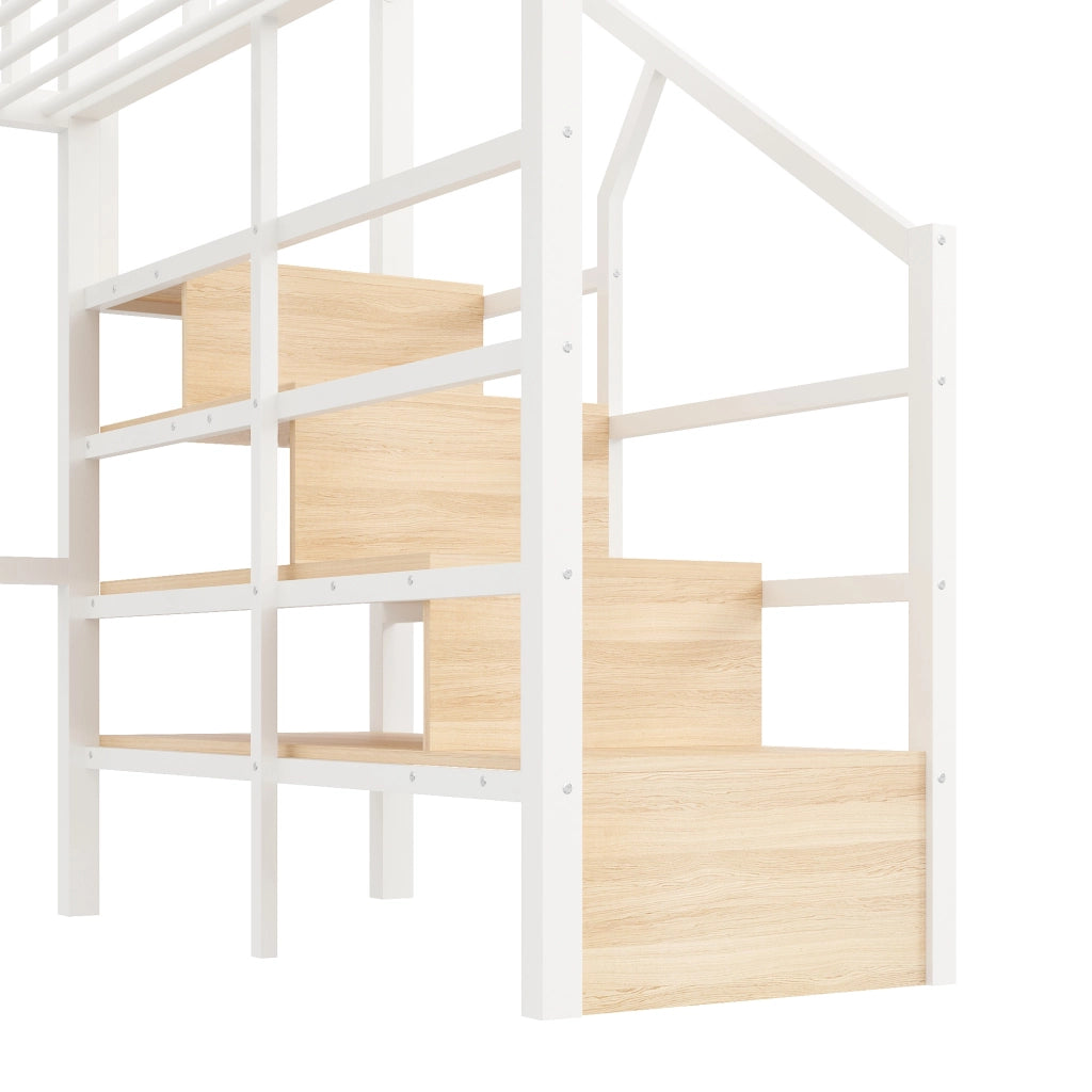 OKWISH Letto a Soppalco 140×200 cm, Letto Matrimoniale con LED Regolabile, Scala Contenitore e Spazio sotto Letto, senza Materasso, Bianco