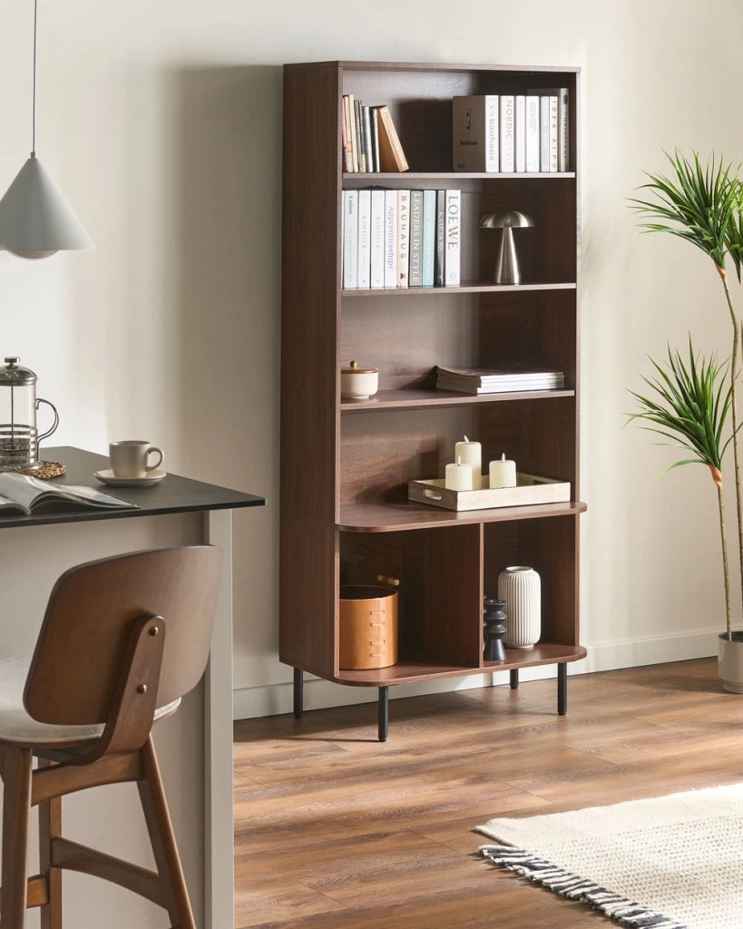 Libreria a 5 ripiani in MDF, impiallacciatura di carta, truciolato e ferro laminato, colore marrone scuro