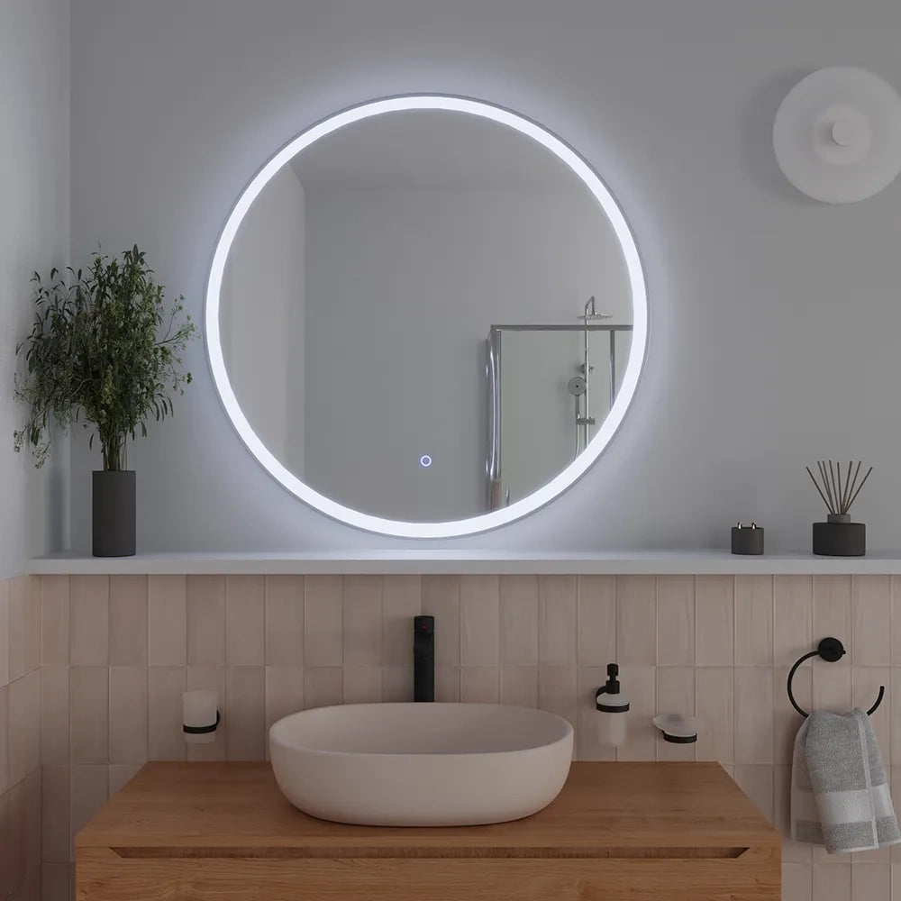 Specchio led tondo Ø 60 cm cornice bianco opaco touch screen luce calda/fredda