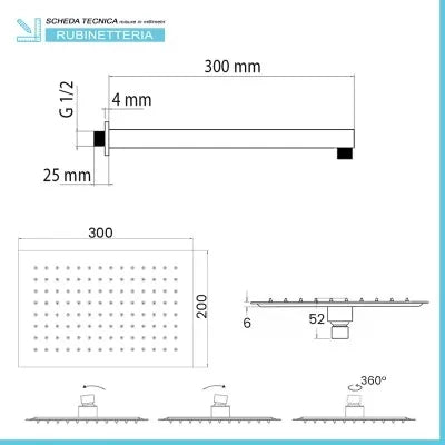 Kit doccia braccio 30 cm e soffione rettangolare 30x20 cm nero opaco