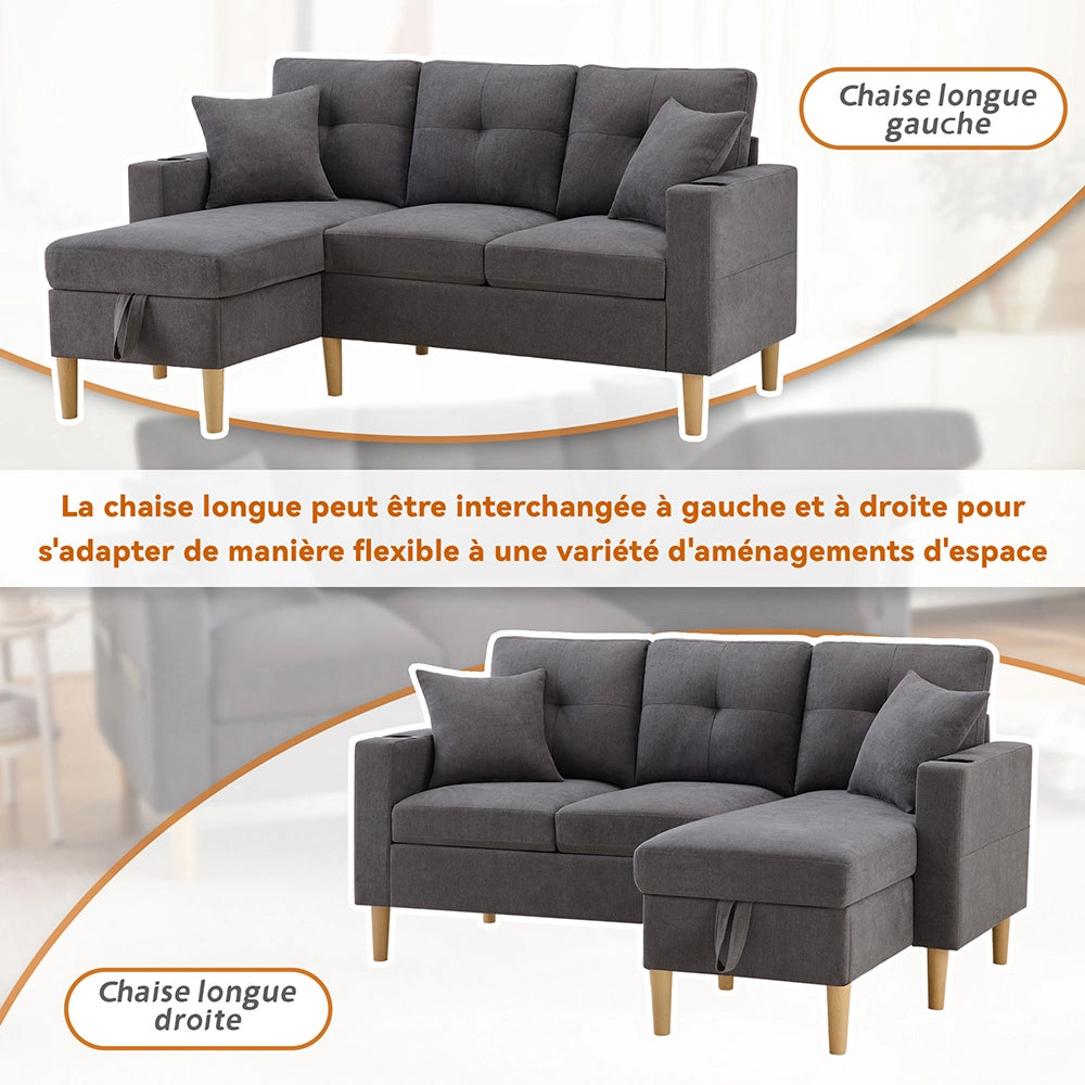 Divano L - Xylo - 3 posti con chaise longue porta-bicchieri
