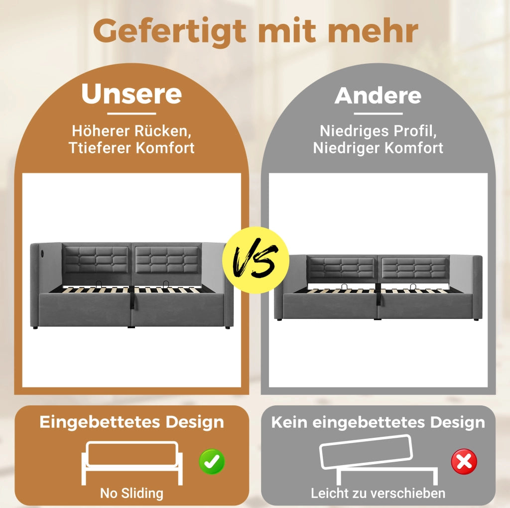 Divano letto con contenitore idraulico 90x200 cm in velluto grigio; con porta USB e Type-C