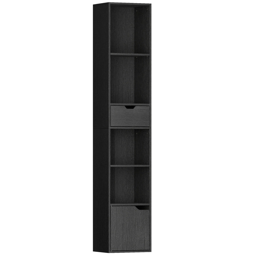 Libreria 30x24x158 cm a 4 Ripiani Aperti con Armadietto e Cassetto Nero