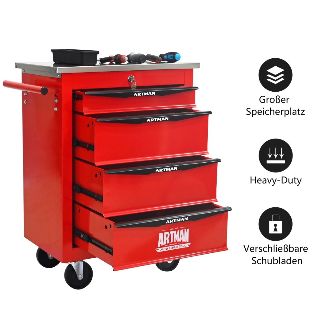 Carrello portautensili con 4 cassetti 4 ruote e serratura per garage e officina in acciaio rosso e nero 62.5 × 34.5 × 78 cm