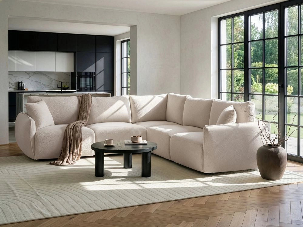 Divano angolare sinistro Bianco sporco Boucle Divano componibile a 5 posti con cuscini Soggiorno moderno