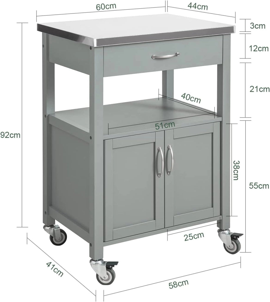 Carrello cucina salvaspazio con piano di lavoro – Mobile cucina con ruote, ideale come mobiletto cucina, credenza compatta o mobile microonde – Disponibile in Grigio 60x92x44cm FKW22-HG