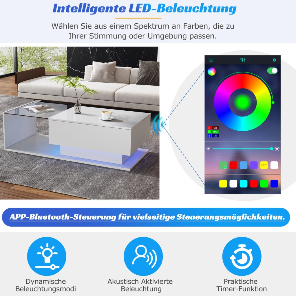 Tavolino da caffè bianco lucido con vetro; cassetto e LED Bluetooth 100x50x32 cm