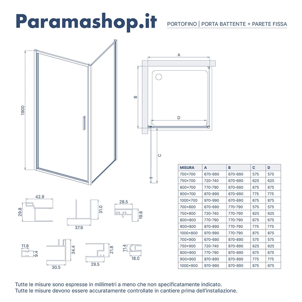 Box doccia slim 70x70cm con porta a battente e parete fissa profili cromati e vetro 6mm trasparente h190| Portofino