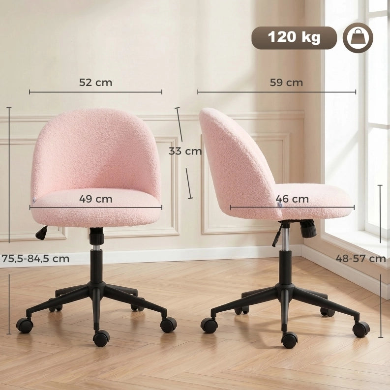 Sedia da ufficio rosa in teddy fleece girevole e regolabile con ruote