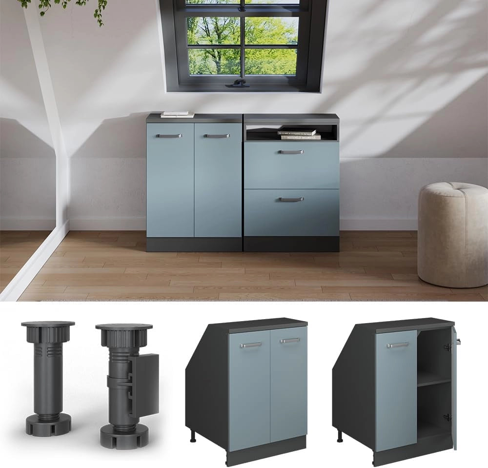 Mobile sottotetto Rion, Grigio-blu, 60 x 81.6 cm con 2 porte, carcassa 60 cm profondità, adatto per il salvaspazio sotto tetti spioventi