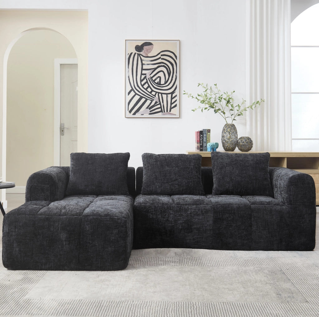 Divano modulare 3 posti con chaise longue in ciniglia nero