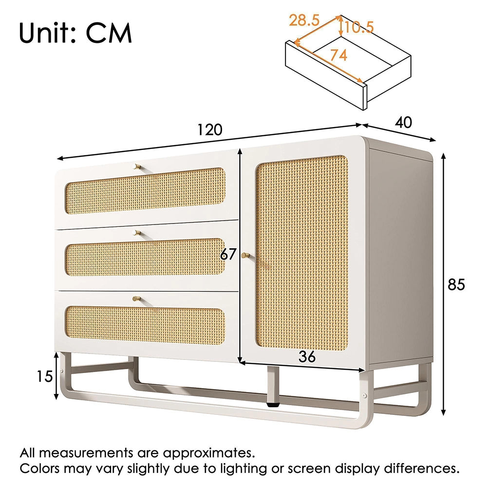 Credenza Stile Cottage 120x85x40cm - Xylo - Bianco con 3 Cassetti e Maniglie Vimini