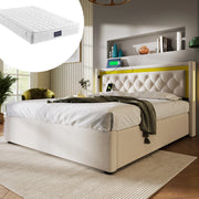 OKWISH Letto Contenitore Letto Matrimoniale, USB, Tipo C e LED, 140 x 200 cm, con Materasso, Beige