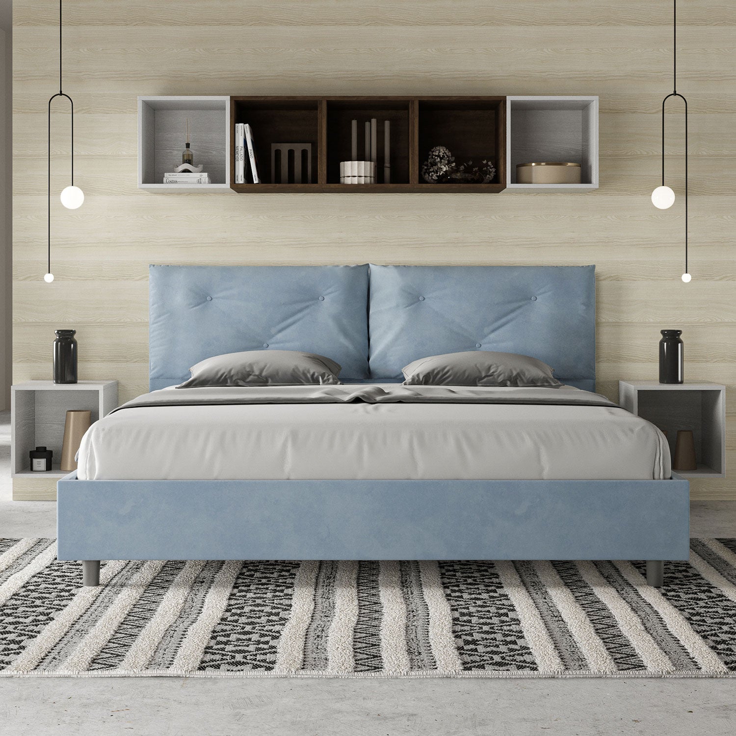 Letto Matrimoniale King Size 200x200 cm con Rete Imbottito in Microfibra Appia Large Azzurro