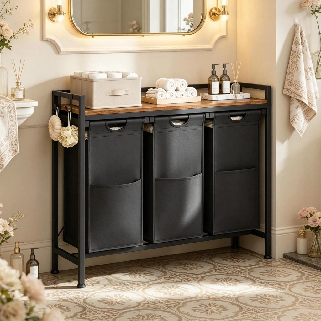 PORTABIANCHERIA con 3 cestelli estraibili 96x30x71 cm Nero/Marrone