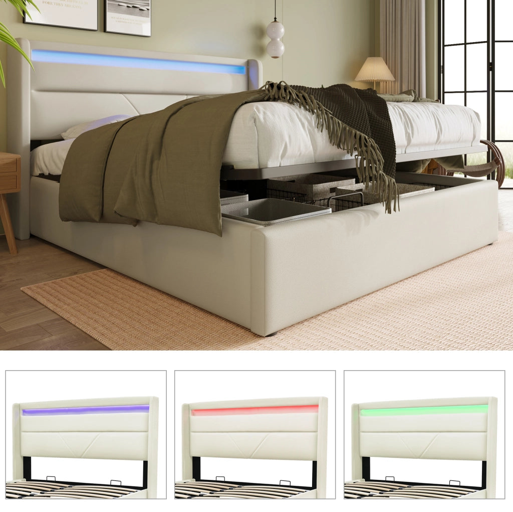 Polsterbett 160x200 cm con contenitore; illuminazione LED; idraulico; bianco in PU