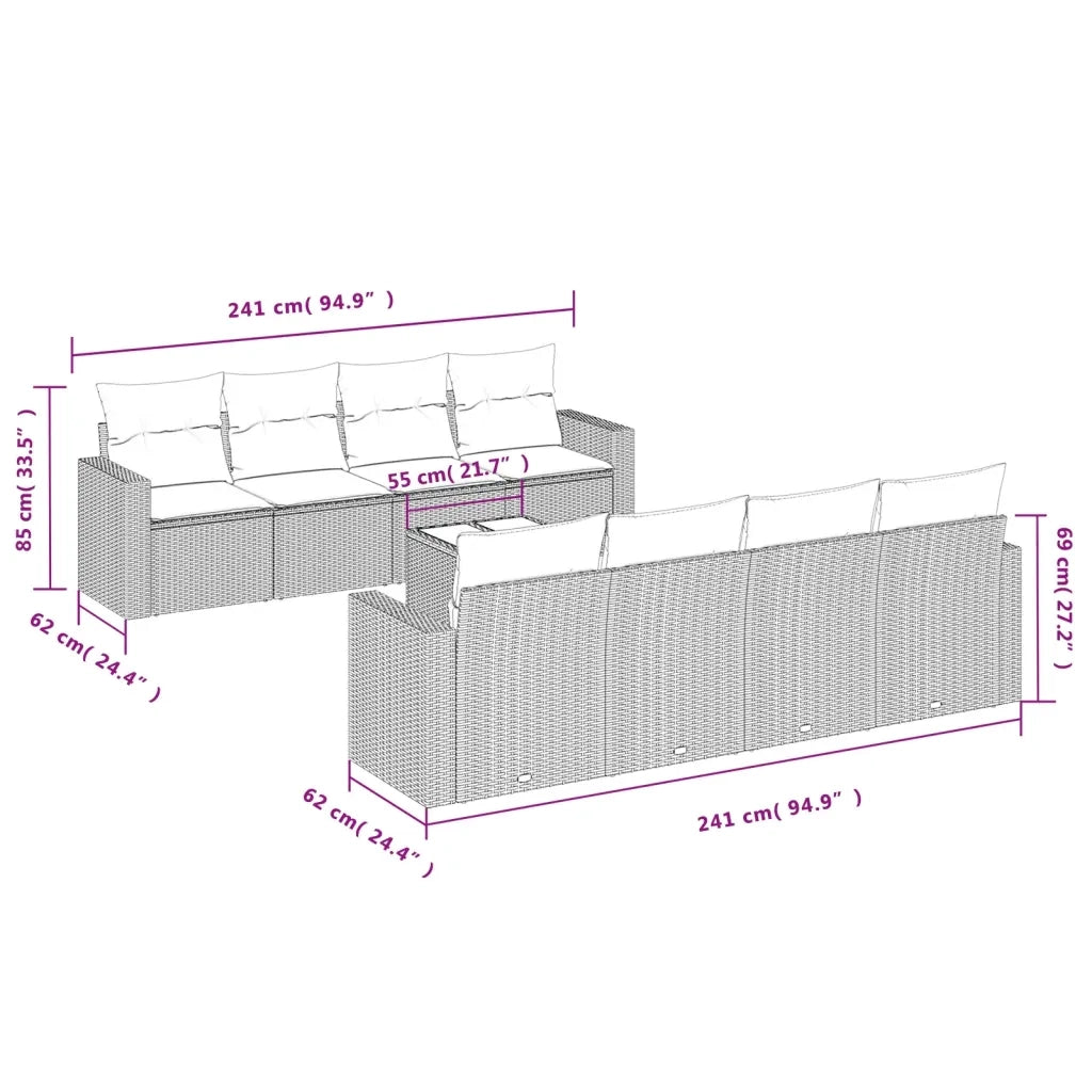 Set Divani da Giardino 9 pz con Cuscini Nero in Polyrattan 3218736