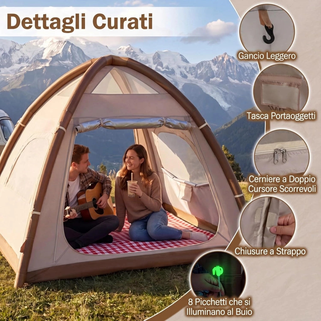 Tenda da Campeggio Gonfiabile per 4 Persone, Tenda da Spiaggia con Poma, 2 Porte, Lucernario e Finestre, in Tessuto Impermeabile, con Copertura Rimovibile e Borsa, 208 x 208 x 196 cm