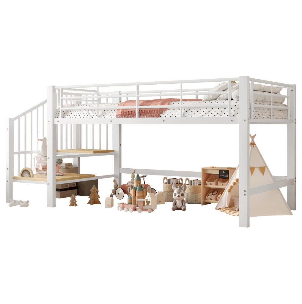 Letto a soppalco basso 90x200 cm con scala contenitore bianco