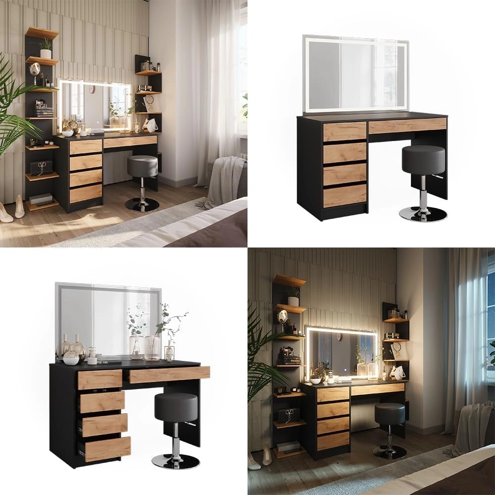 Vicco Tavolo da toilette Sherry, Antracite/quercia dorata, 120 x 75 cm con specchio LED e sgabello