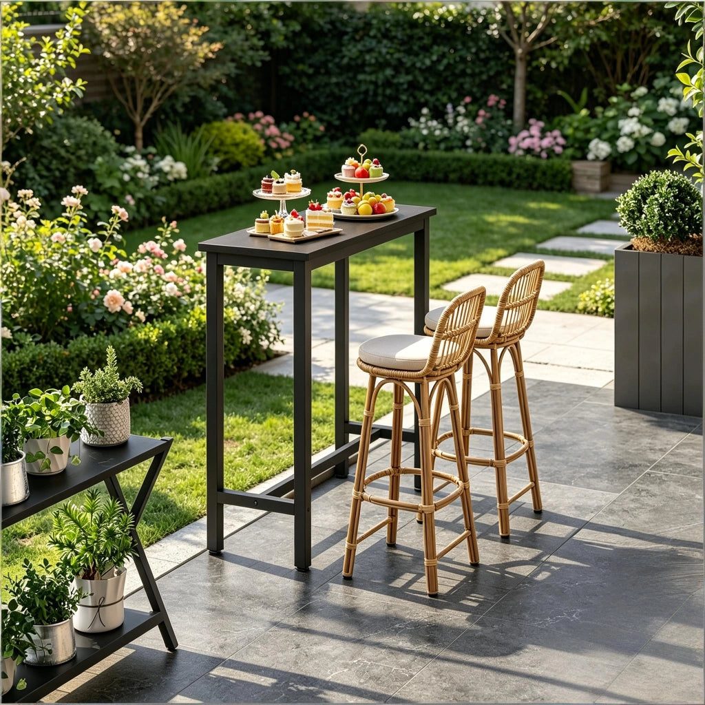 Tavolo da bar in metallo e legno con struttura stabile, stile industriale, per cucina e soggiorno, nero, 40 × 100 × 100 cm