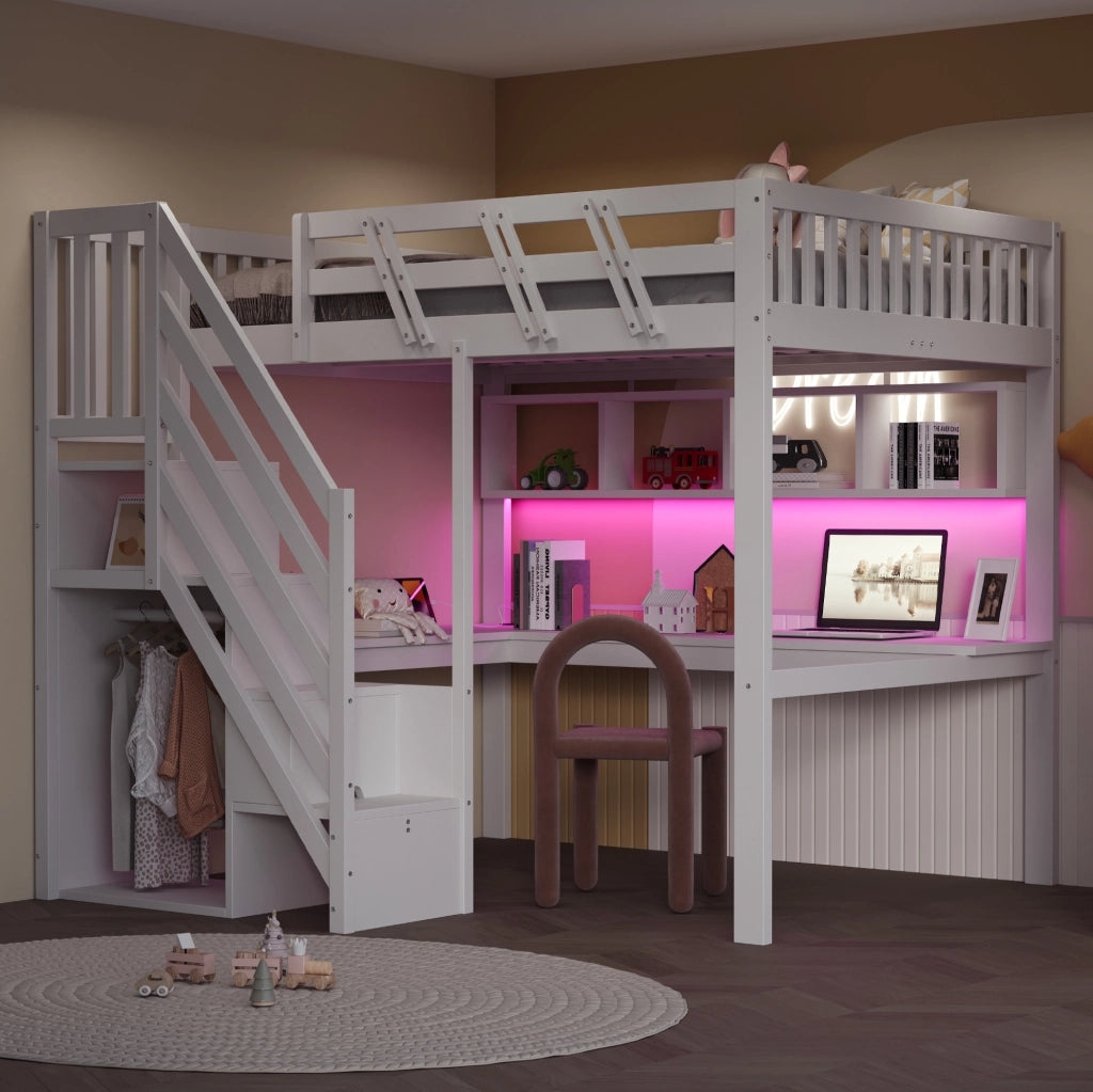 Letto a soppalco 140x200 cm con scrivania; scale contenitore e LED; legno bianco