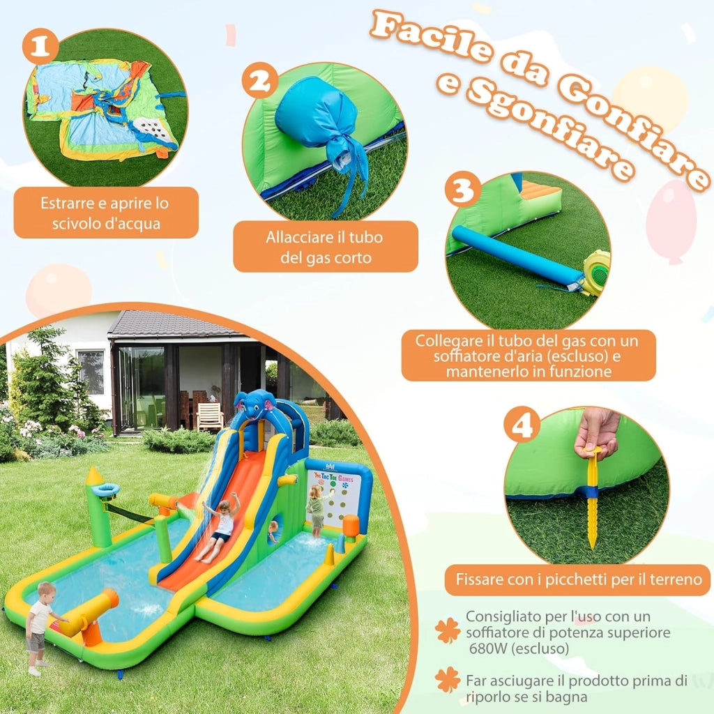 Castello Gonfiabile per Bambini, Casa Gonfiabile con Piscina, Parete da Arrampicata, Cannoni d'Acqua, per 3 Bambini di 3-10 Anni, 378 x 469 x 250 cm