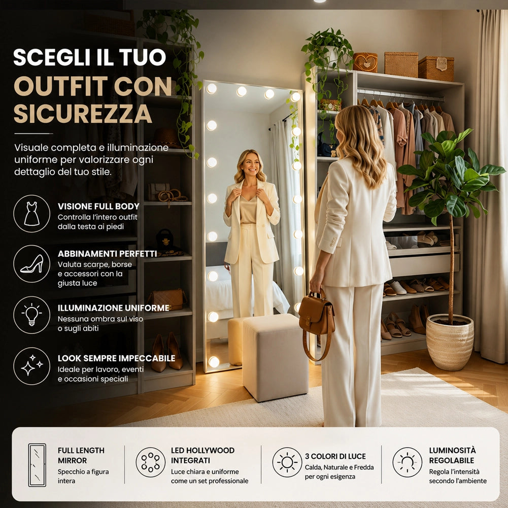Specchio XXL Hollywood Figura Intera Indipendente con Led 3 Colori 60x160 cm
