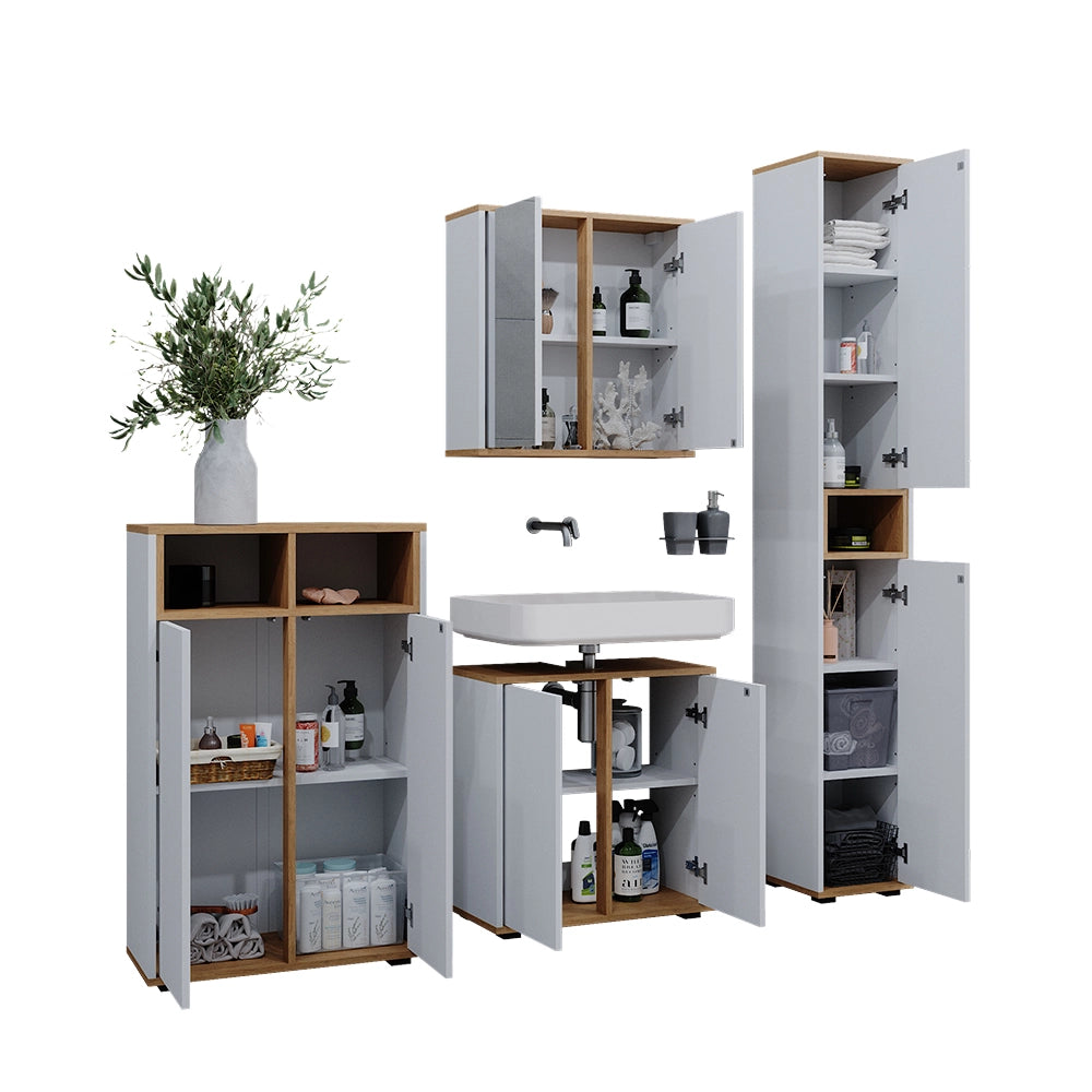 Vicco Set mobili bagno Bianco/Artisan 4 pezzi, con colonna e mobile midi con ante