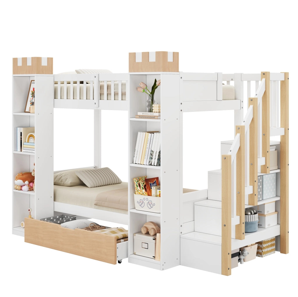 Letto a castello per bambini 90x200 cm con scala contenitore; cassetti e ripiani; bianco