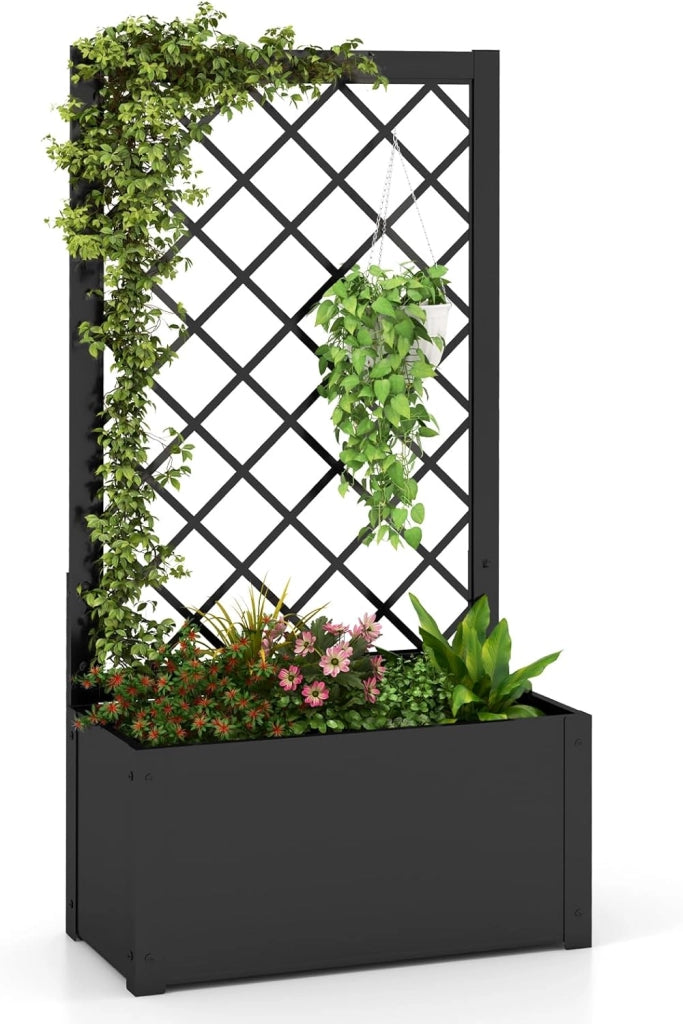 Letto da Giardino Rialzato con Traliccio, Fioriera in Metallo per Piante Rampicanti, Verdure, Viti e Fiori, Aiuola Elevata per Piante Esterno per Patio, Giardino e Balcone